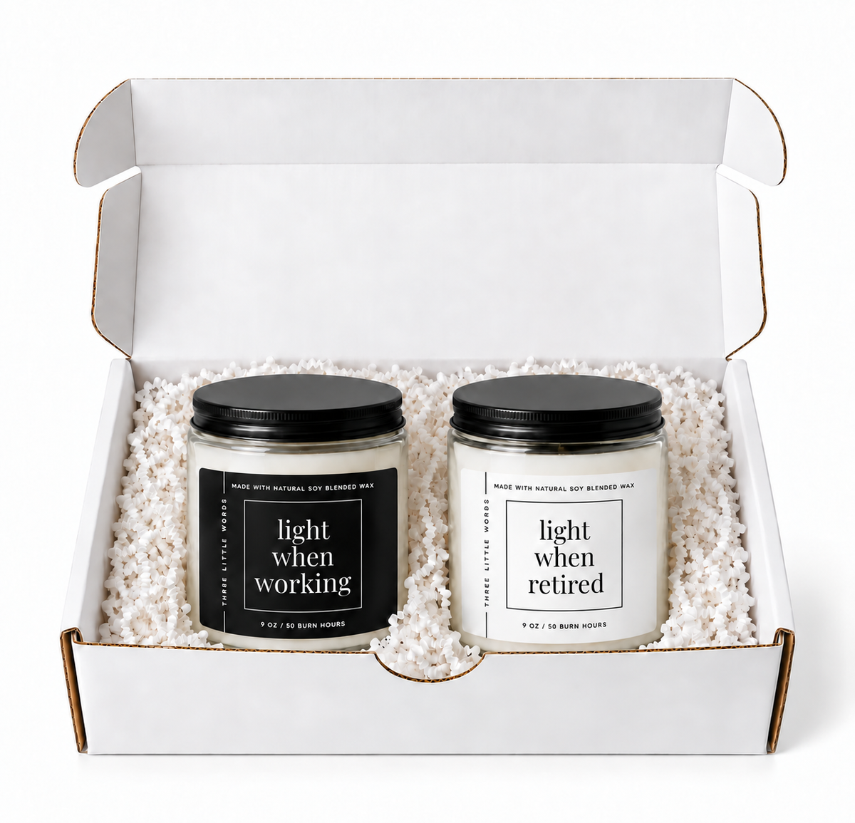light when working / light when retired candle duo