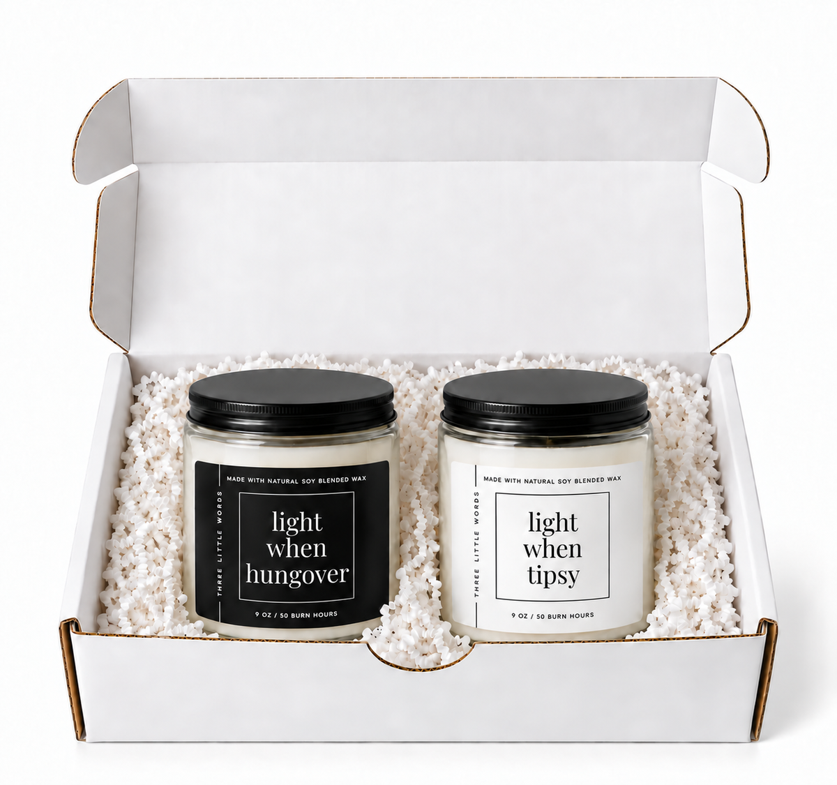 light when hungover / light when tipsy candle duo