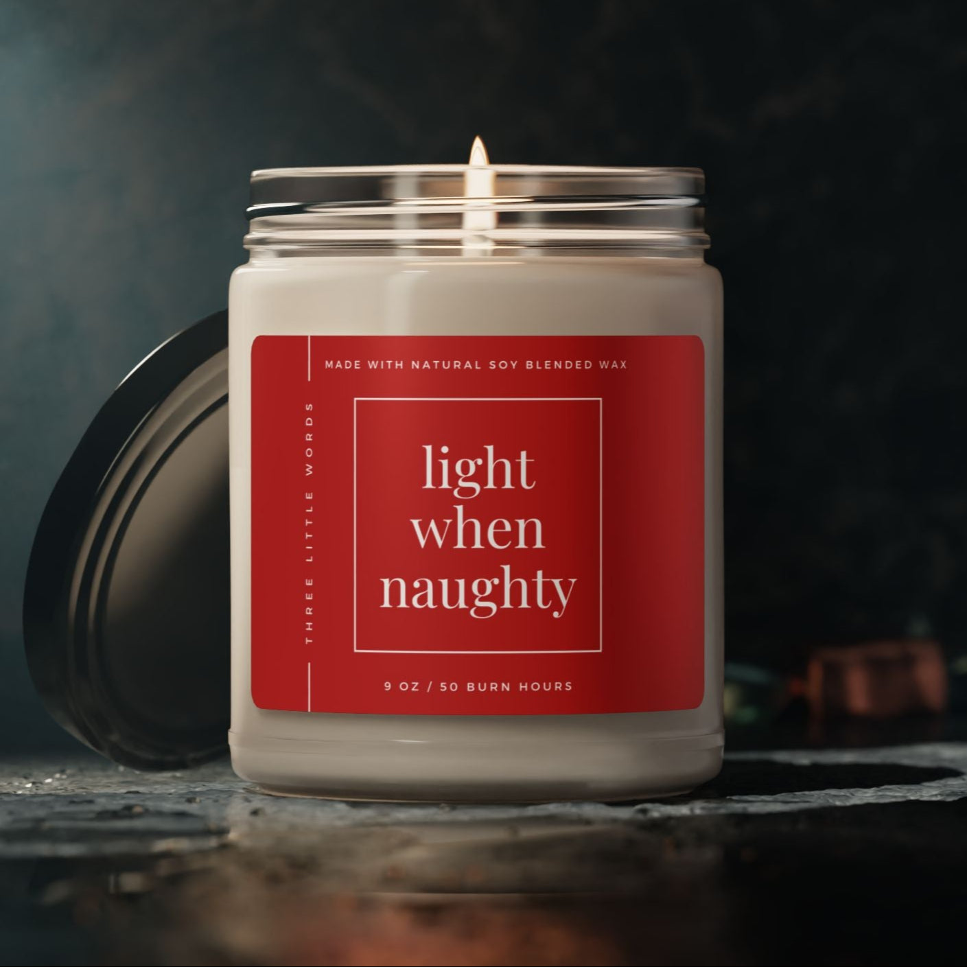 light when naughty holiday soy candle