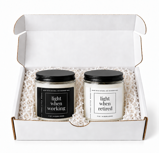 light when working / light when retired candle duo