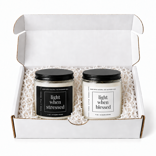 light when stressed / light when blessed candle duo