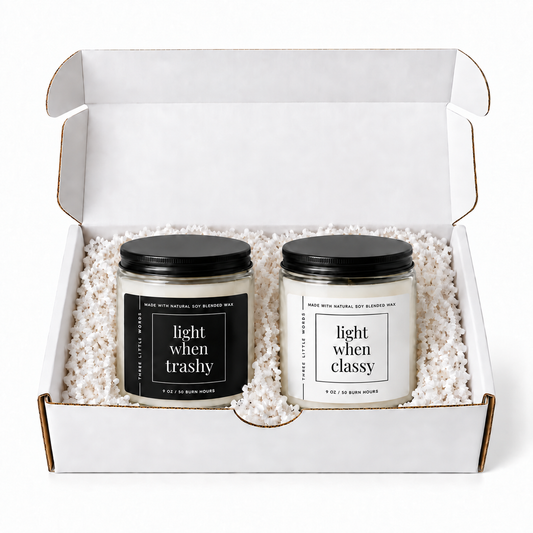 light when trashy / light when classy candle duo