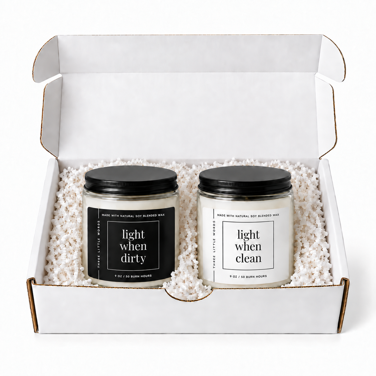 light when dirty / light when clean candle duo