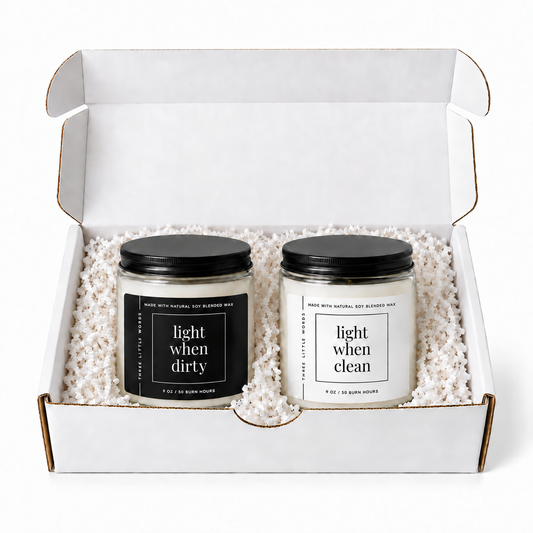 light when dirty / light when clean candle duo